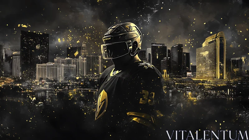 Hockey hero glowing with city lights and bold golden energy.