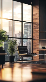 Modern high rise office lounge with leather chair at dusk.