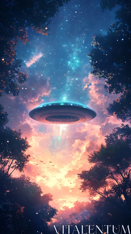 Starlit forest welcomes a glowing UFO at dreamy twilight.