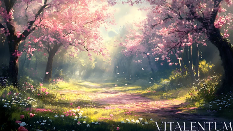Sunlit forest path under blooming pink cherry trees.
