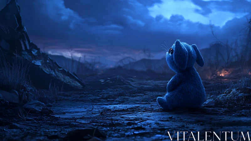 Blue plush rabbit on barren ground under dark cloudy sky.