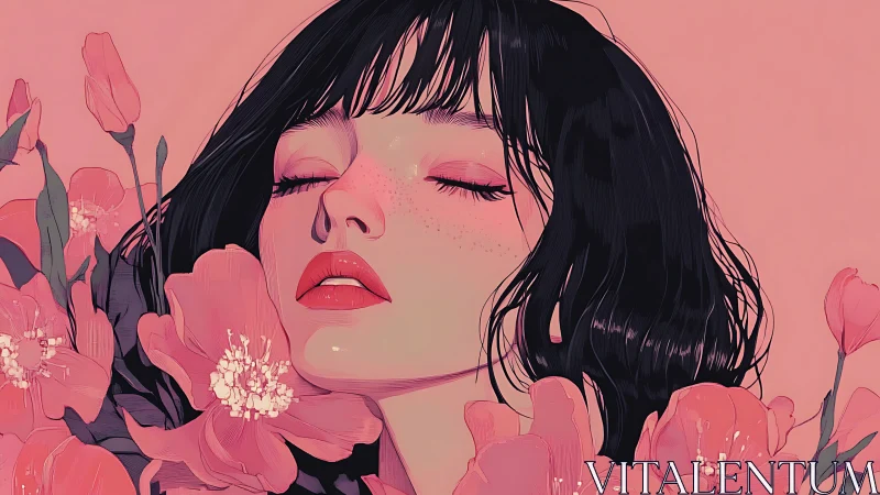 Petal-soft daydream girl adrift in rosy floral hush.