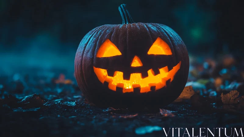 Carved jack o lantern pumpkin glowing outdoors at night.