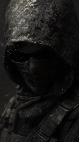 Hooded tactical figure wears goggles and textured mask