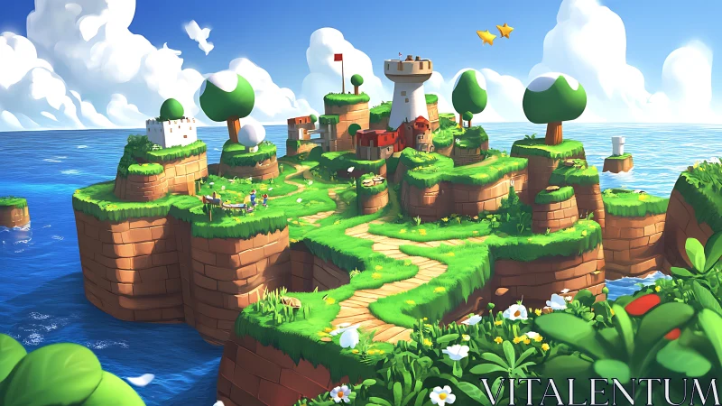 Floating Island Kingdom with Castle Tower and Lush Terrain.