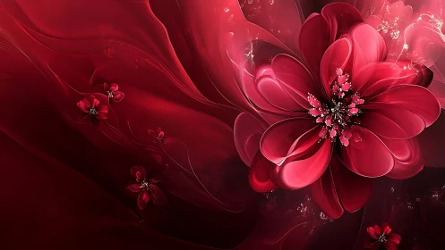 Radial crimson flower rendered with layered translucent petals