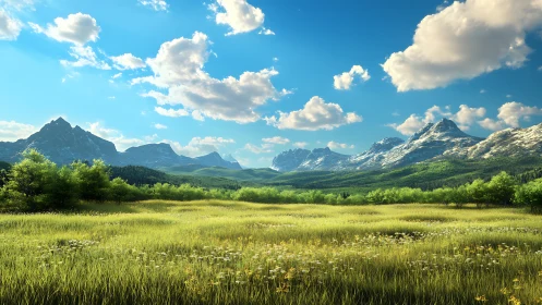 Sunny mountain valley with open meadow and distant peaks.
