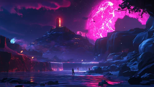 Strange alien coast under glowing pink planet at night.