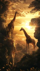 Two giraffes stand on rocky cliffs in golden sunset light