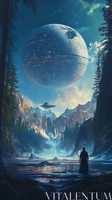Lone figure watches giant sci fi sphere over icy canyon