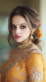 Portrait of woman in mustard embroidered saree and jewelry.