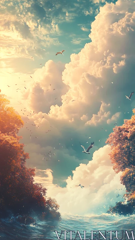 Atmospheric ocean corridor with volumetric clouds and birds.