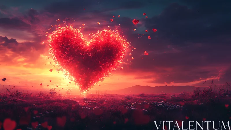Radiant Heart Composite with Particle Dispersion System Against Twilight Landscape