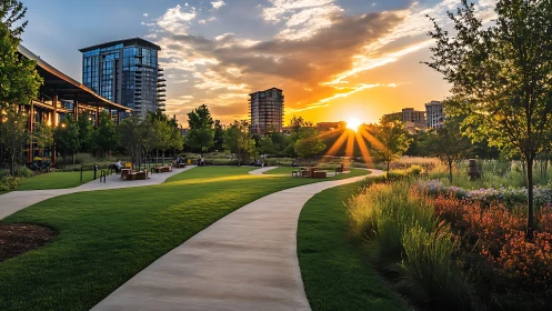Sunset strollway weaving through radiant urban garden glow.