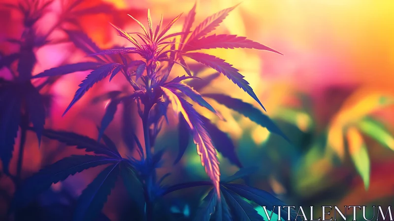 Cannabis plant under intense multicolor gradient lighting.