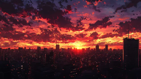Sunset horizon illuminates dense city skyline in silhouette