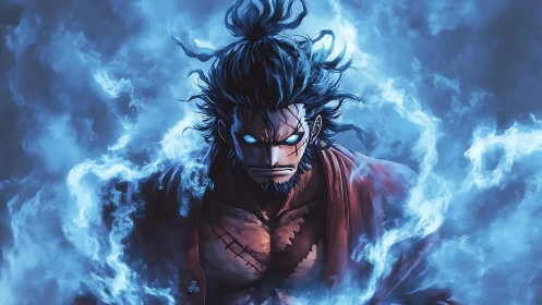 Intense anime warrior radiates blue spectral energy with glowing eyes