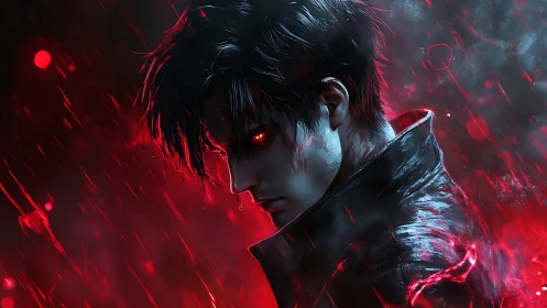 Brooding cyber-noir antihero rendered in vivid red lighting