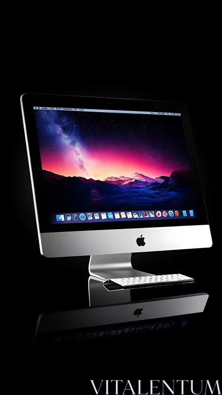 Edge-lit aluminum desktop display isolates against black negative space