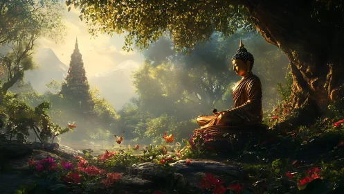 Golden seated Buddha statue in dense forest clearing at sunrise