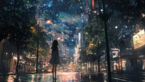 Girl beneath luminous stars over neon city street at night.