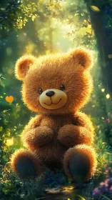 Fluffy teddy bear glows under golden forest sunlight.