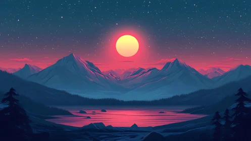 Neon twilight sun bathes tranquil mountains and lake in glow