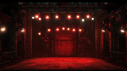 Industrial stage under red spotlights suggests dystopian arena