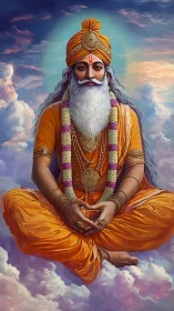 Bearded holy man in orange robes meditating among clouds.