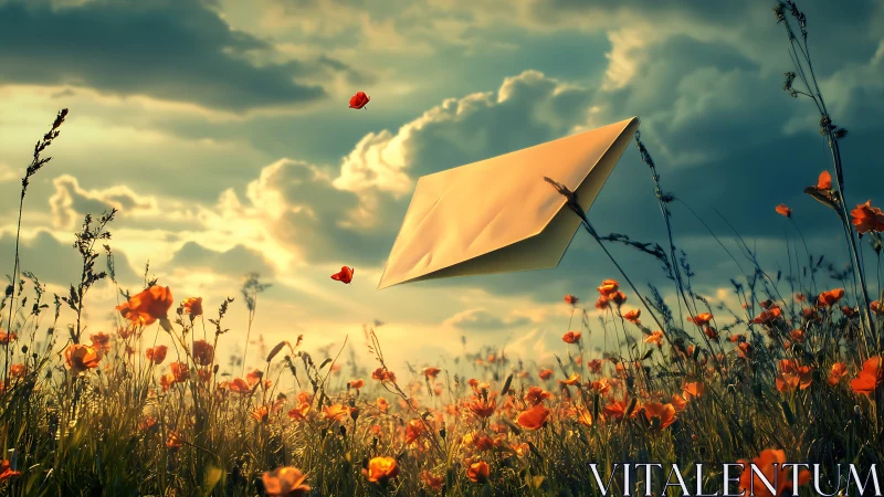 Envelope suspended over poppy field under clouded sky.