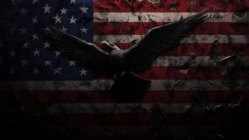 Textured eagle relief spreads wings over distressed US flag