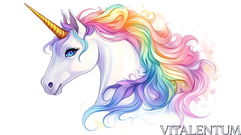White unicorn head shows flowing rainbow mane in profile