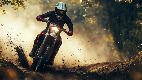 Motorcycle rider traverses dusty off-road forest trail.