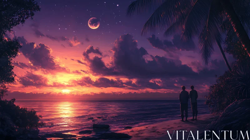 Two people stand on tropical beach watching vivid sunset