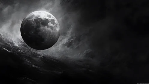 Monochrome lunar sphere suspended over storm-tossed void.