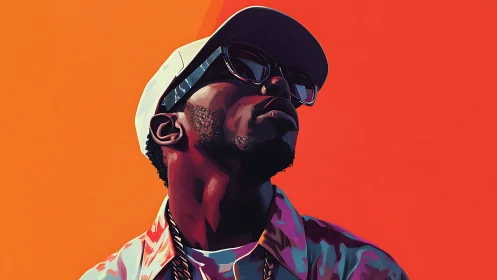Stylized portrait of man in cap against orange background.
