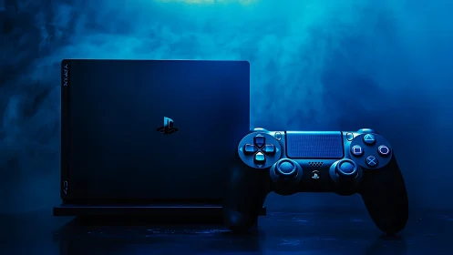 PlayStation console and controller under blue vapor glow.