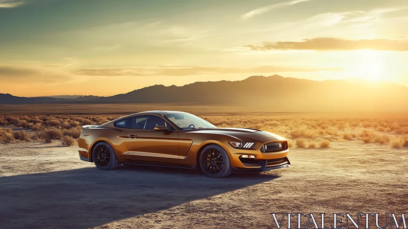 Metallic gold sports coupe in arid desert at sunset, side view