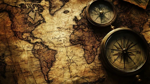 Weathered world map and compass for cozy daydream travel.