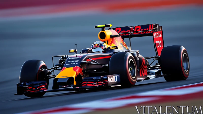 Formula racing car slices apex under vivid sunset light.