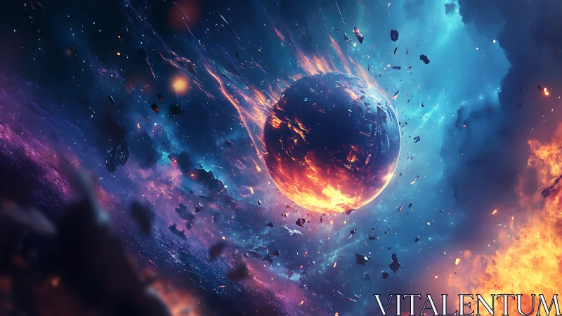 Incandescent planet disintegrates inside luminous nebular storm.