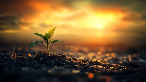Single green seedling emerges from soil under low sunset light
