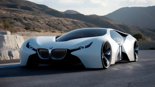 Futuristic white BMW concept car on winding mountain road.