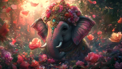 Ornate pink elephant in lush glowing flower garden scene.