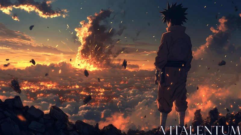Solitary anime figure over burning clouds at sunset sky.