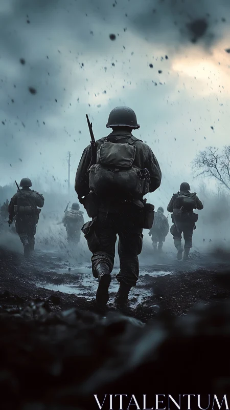 Stormy battlefield march captures soldiers moving through chaos