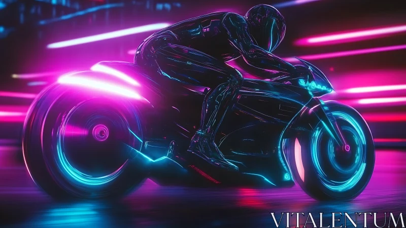 Futuristic neon motorcyclist racing on glowing highway.