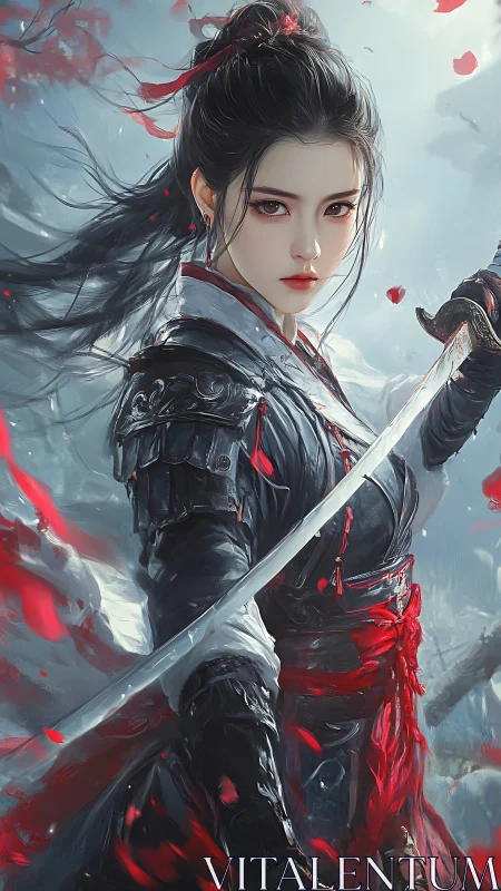 Swordmistress in crimson storm with icy focused gaze.