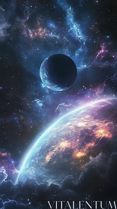 Cosmic vista with twin planets above glowing nebula horizon.