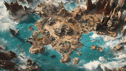 Skyward view maps a rugged desert isle ringed by teal tides